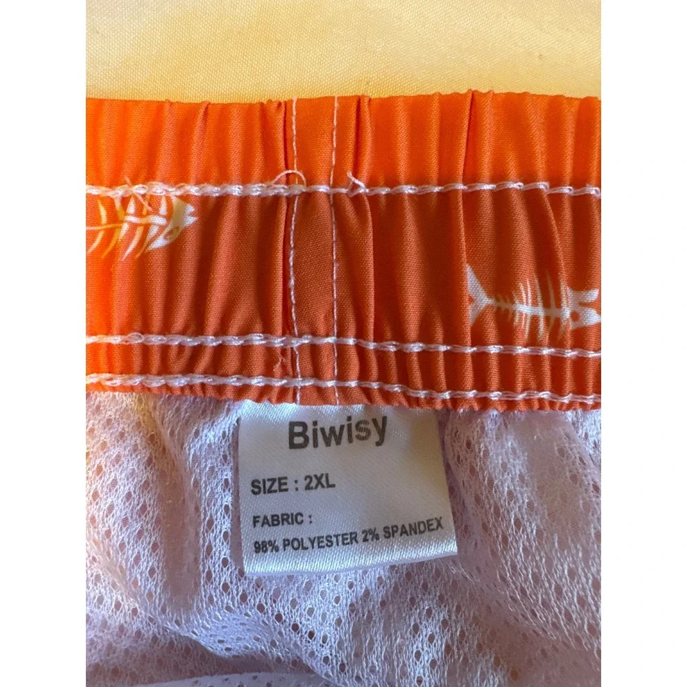 Biwisy Mens Orange Fish Bone Skeleton Print Swim Trunks Board Shorts Size 2XL